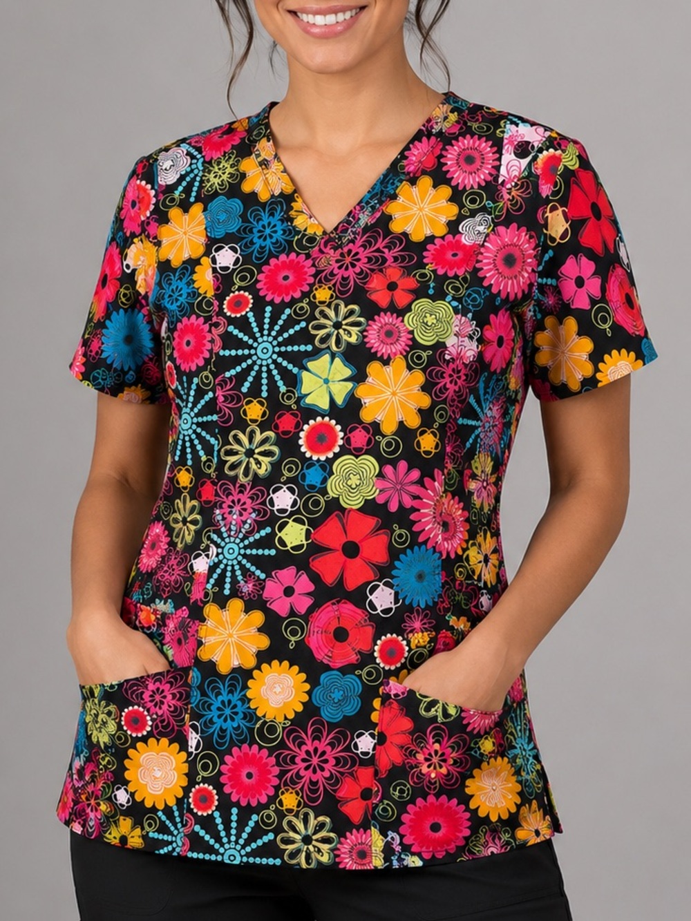 Women’s Large XL Peaches Sport Uniforms Floral Scrub Top